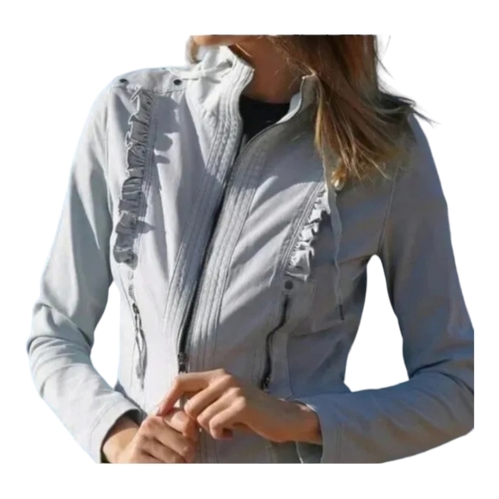 Anthropologie Marrakech light gray full zip ruffle moto style knit jacket M